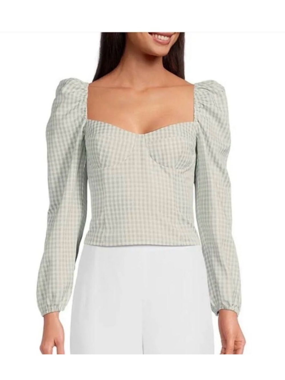 Gianni Bini “Kelsi” Gingham Sage Green Square-Neck Puff Sleeve Bustier Top Sz. 0